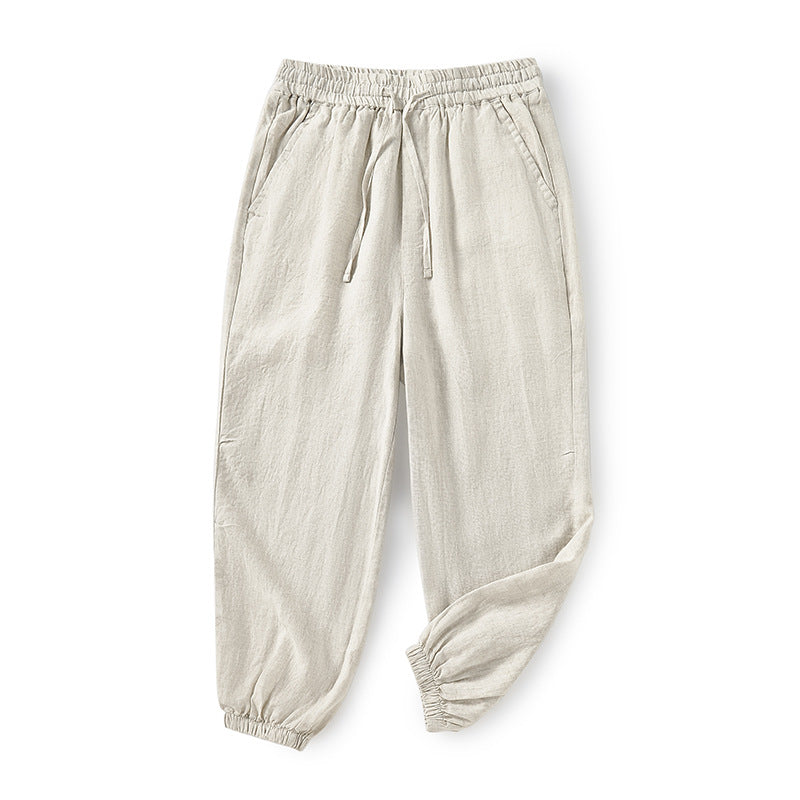 Men's 100% Linen Drawstring Elastic Waist Casual Pants with Elasticated feet E004