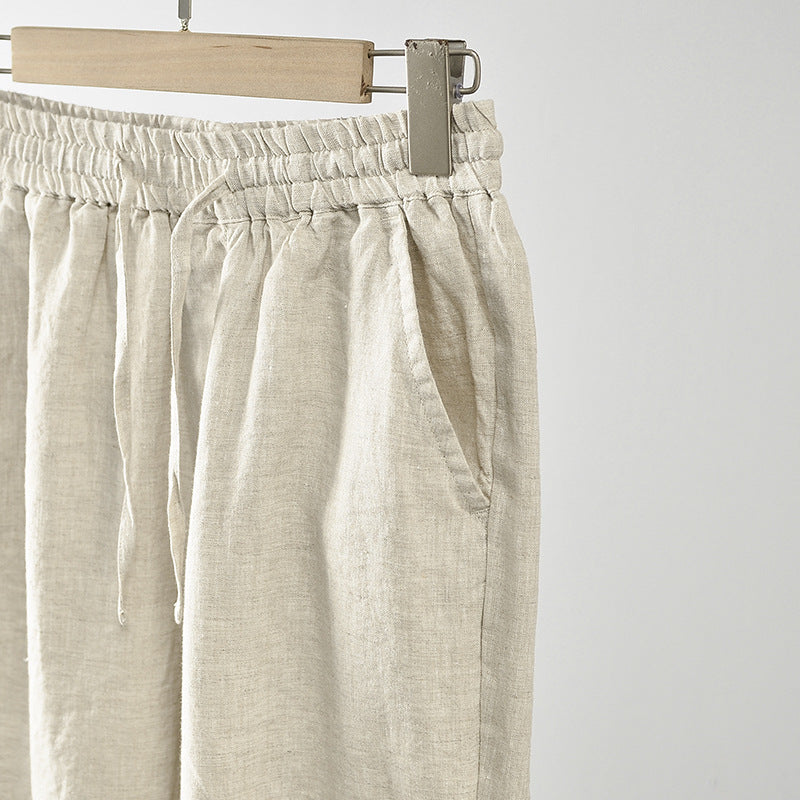 Men's 100% Linen Drawstring Elastic Waist Casual Pants with Elasticated feet E004