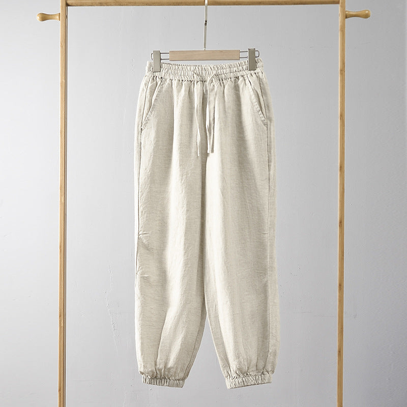 Men's 100% Linen Drawstring Elastic Waist Casual Pants with Elasticated feet E004