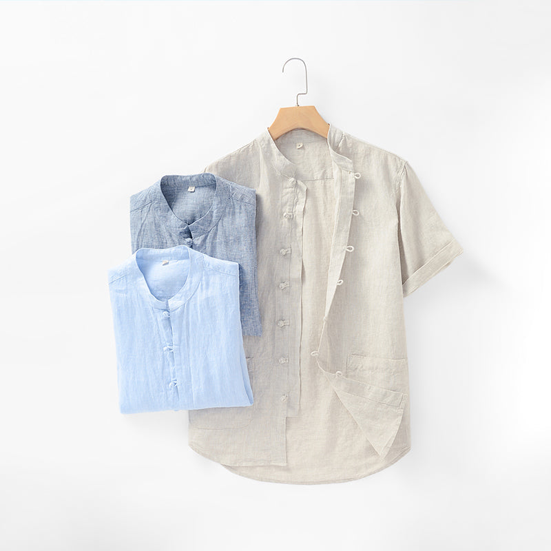 Men's 100% Linen Short Sleeve Shirts With Pockets D007