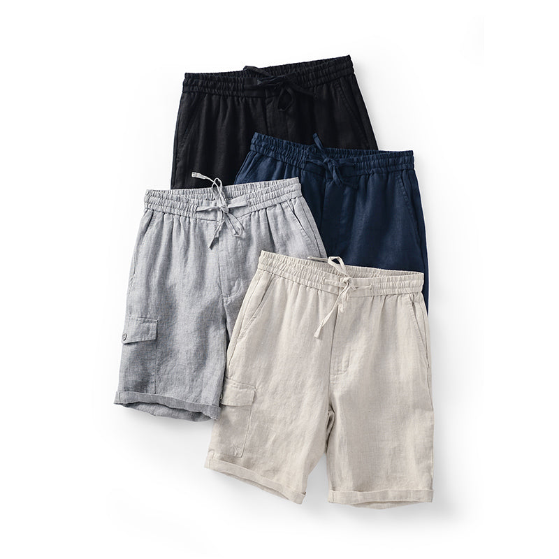 Men's 100% Linen Comfortable Drawstring Beach Shorts With Pockets D041