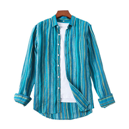 Men's 100% Linen Classic Colorful Striped Collarless Shirt B052