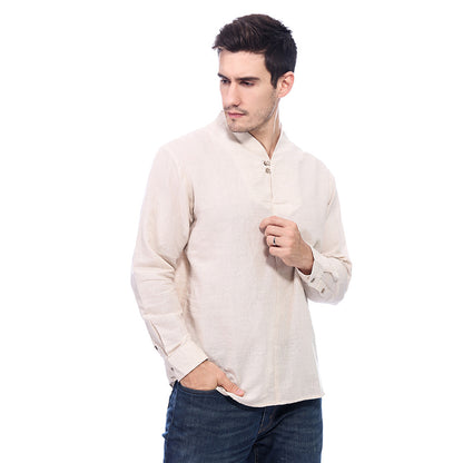 Men's Casual Long-Sleeved Retro Solid Color Cotton And Linen Shirt A010