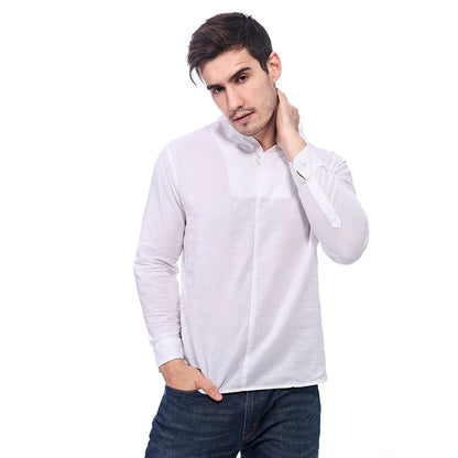 Men's Casual Long-Sleeved Retro Solid Color Cotton And Linen Shirt A010