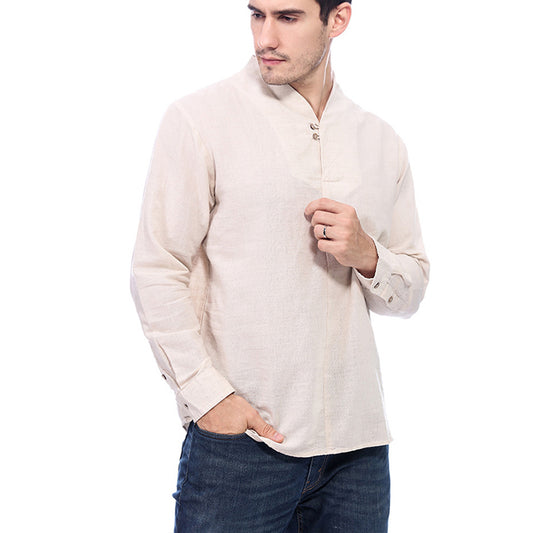 Men's Casual Long-Sleeved Retro Solid Color Cotton And Linen Shirt A010