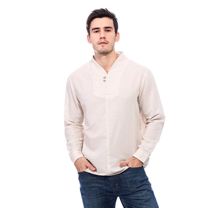 Men's Casual Long-Sleeved Retro Solid Color Cotton And Linen Shirt A010