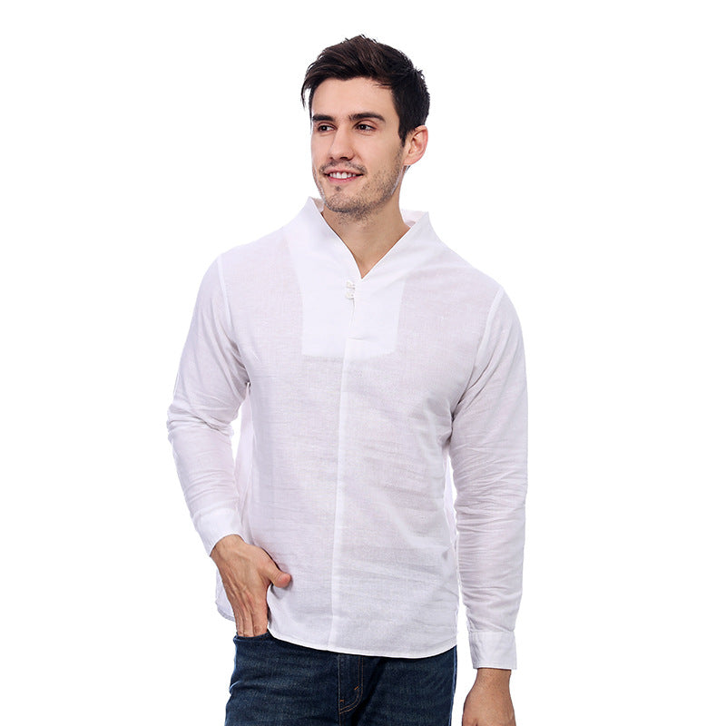 Men's Casual Long-Sleeved Retro Solid Color Cotton And Linen Shirt A010