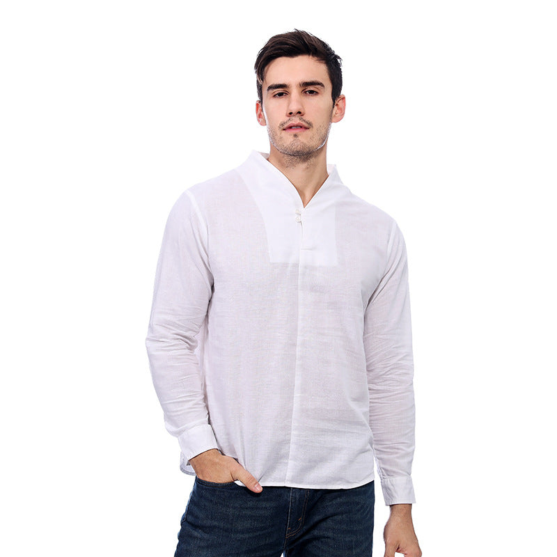 Men's Casual Long-Sleeved Retro Solid Color Cotton And Linen Shirt A010