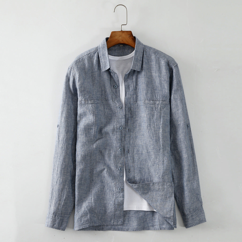 Men's Linen Lapel Patch Pocket Casual Shirt C023