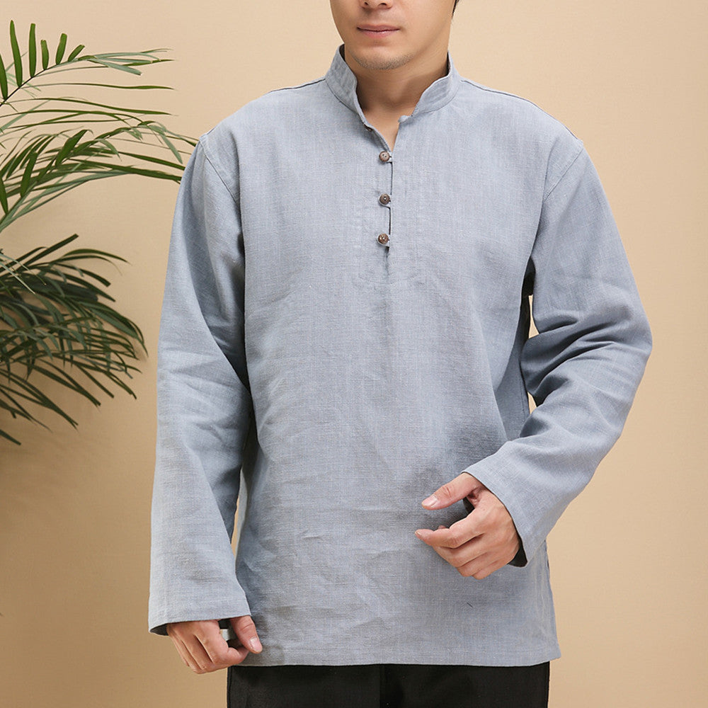 Men's Linen Casual Half Turtle Collar Long Sleeve Shirt M010