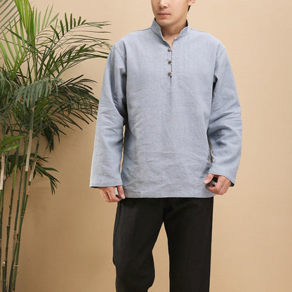 Men's Linen Casual Half Turtle Collar Long Sleeve Shirt M010