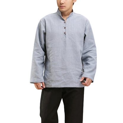 Men's Linen Casual Half Turtle Collar Long Sleeve Shirt M010