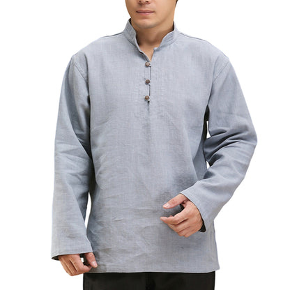 Men's Linen Casual Half Turtle Collar Long Sleeve Shirt M010