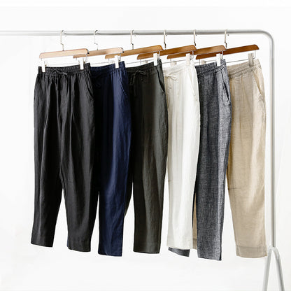 Men's 100% Linen Drawstring Pants Elastic Waist Casual Pants E006