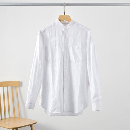 Men's Linen Stand Collar Casual Loose Long Sleeve Shirt A017