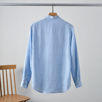 Men's Linen Loose Casual Long Sleeve Stand Collar Pocket Shirt A018