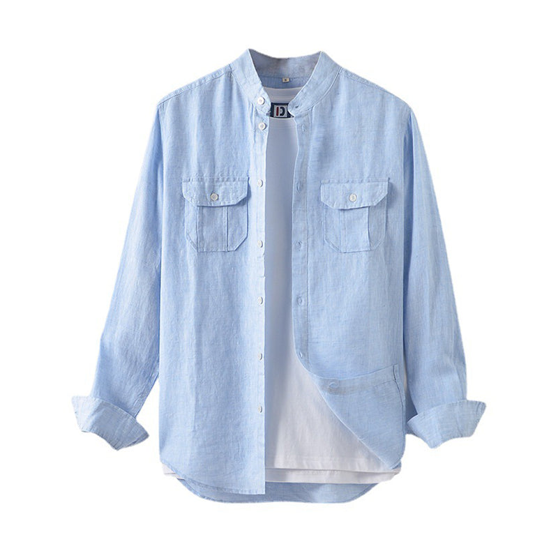 Men's Linen Loose Casual Long Sleeve Stand Collar Pocket Shirt A018