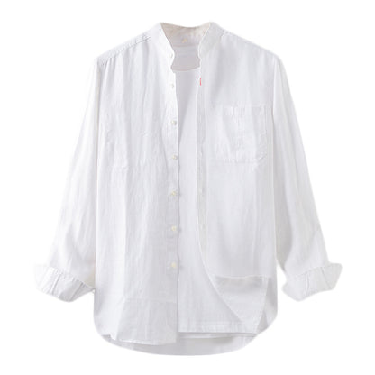 Men's Linen Stand Collar Casual Loose Long Sleeve Shirt A017