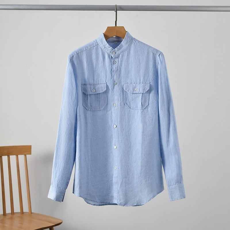 Men's Linen Loose Casual Long Sleeve Stand Collar Pocket Shirt A018