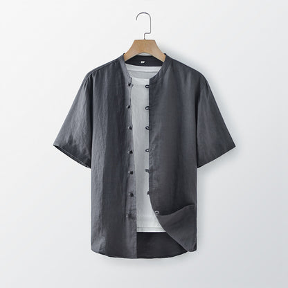 Men's Linen Shirt Casual Loose Stand Collar Short Sleeve Top E003T