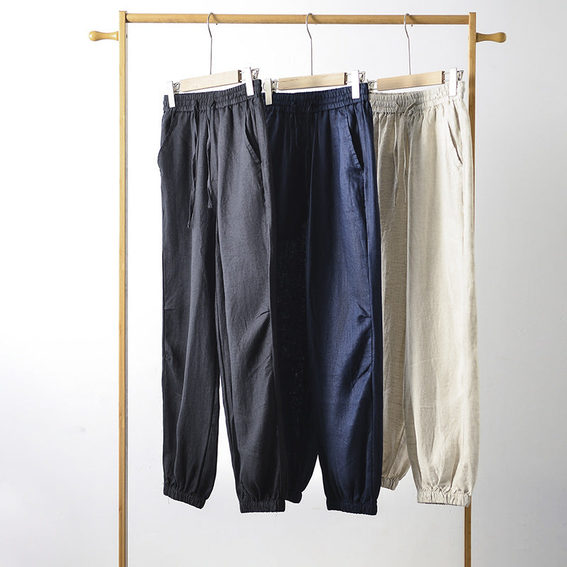 Men's 100% Linen Drawstring  Elastic Waist Casual Pants with Elasticated feet E004