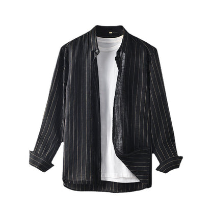 Men's Linen Lapel Striped Long-sleeved Shirt Loose and Breathable F007