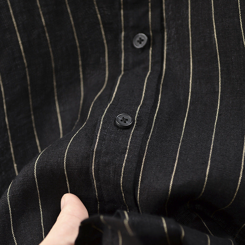 Men's Linen Lapel Striped Long-sleeved Shirt Loose and Breathable F007