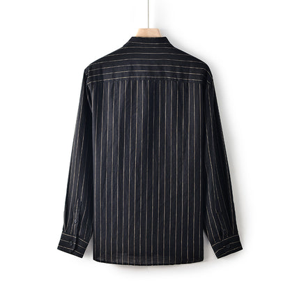 Men's Linen Lapel Striped Long-sleeved Shirt Loose and Breathable F007