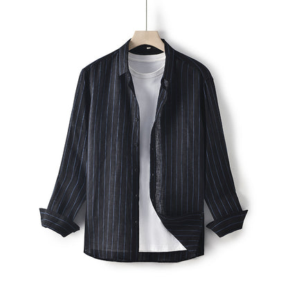 Men's Linen Lapel Striped Long-sleeved Shirt Loose and Breathable F007