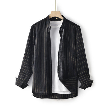 Men's Linen Lapel Striped Long-sleeved Shirt Loose and Breathable F007