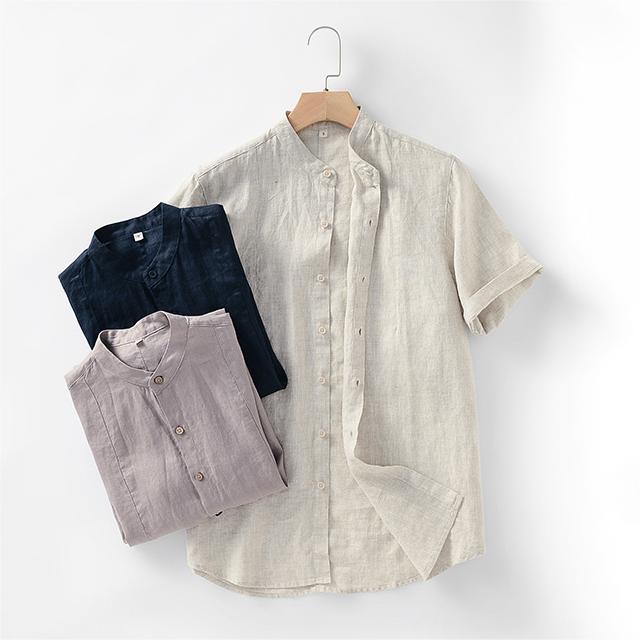 Men's Full Front Buttons 100% Linen Short Sleeve Shirts D022