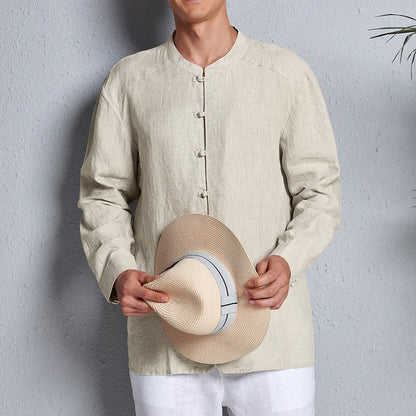 Men's 100% Linen Blend Shirt Long Sleeve KUNG FU Style B005