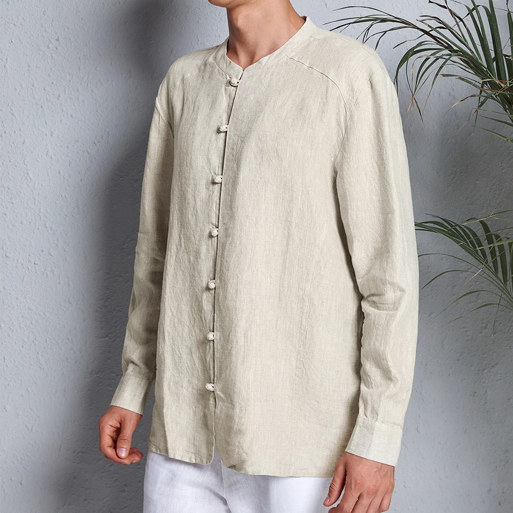 Men's 100% Linen Blend Shirt Long Sleeve KUNG FU Style B005 – linencool