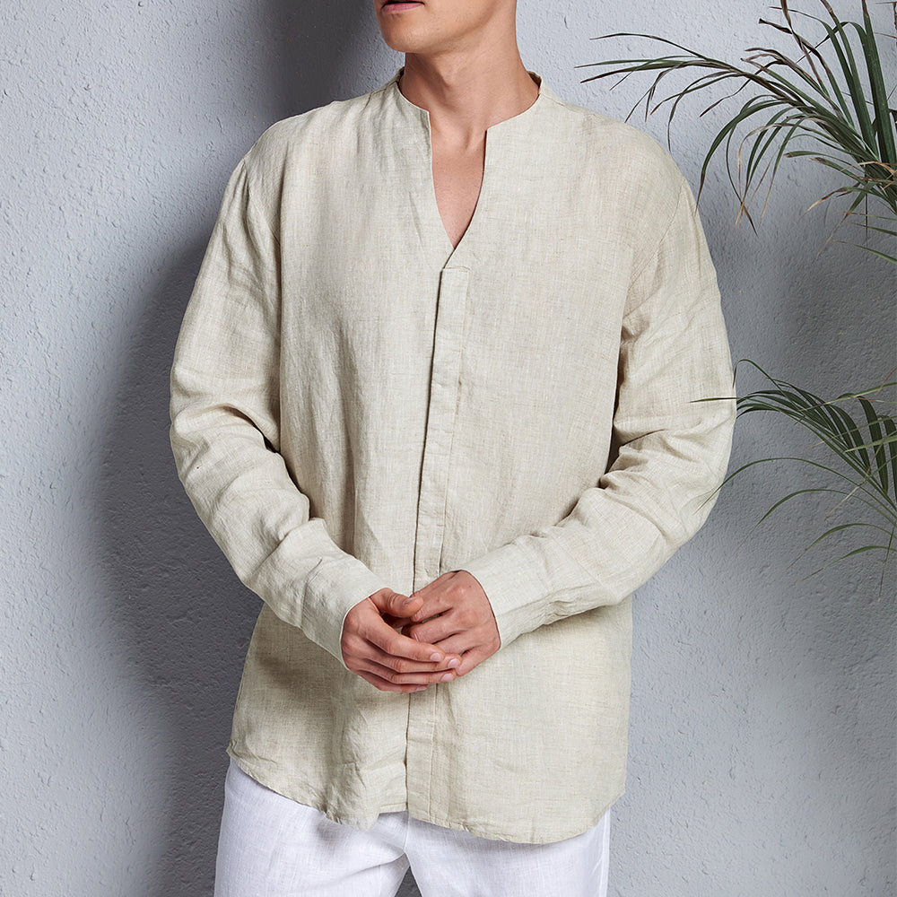 Men's 100% Linen Casual Long Sleeve V-neck Shirt A021