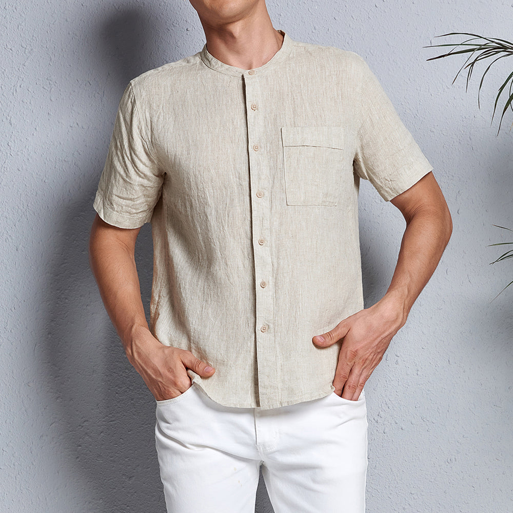 Men's 100% Linen Short Sleeve Button-up Shirts D002