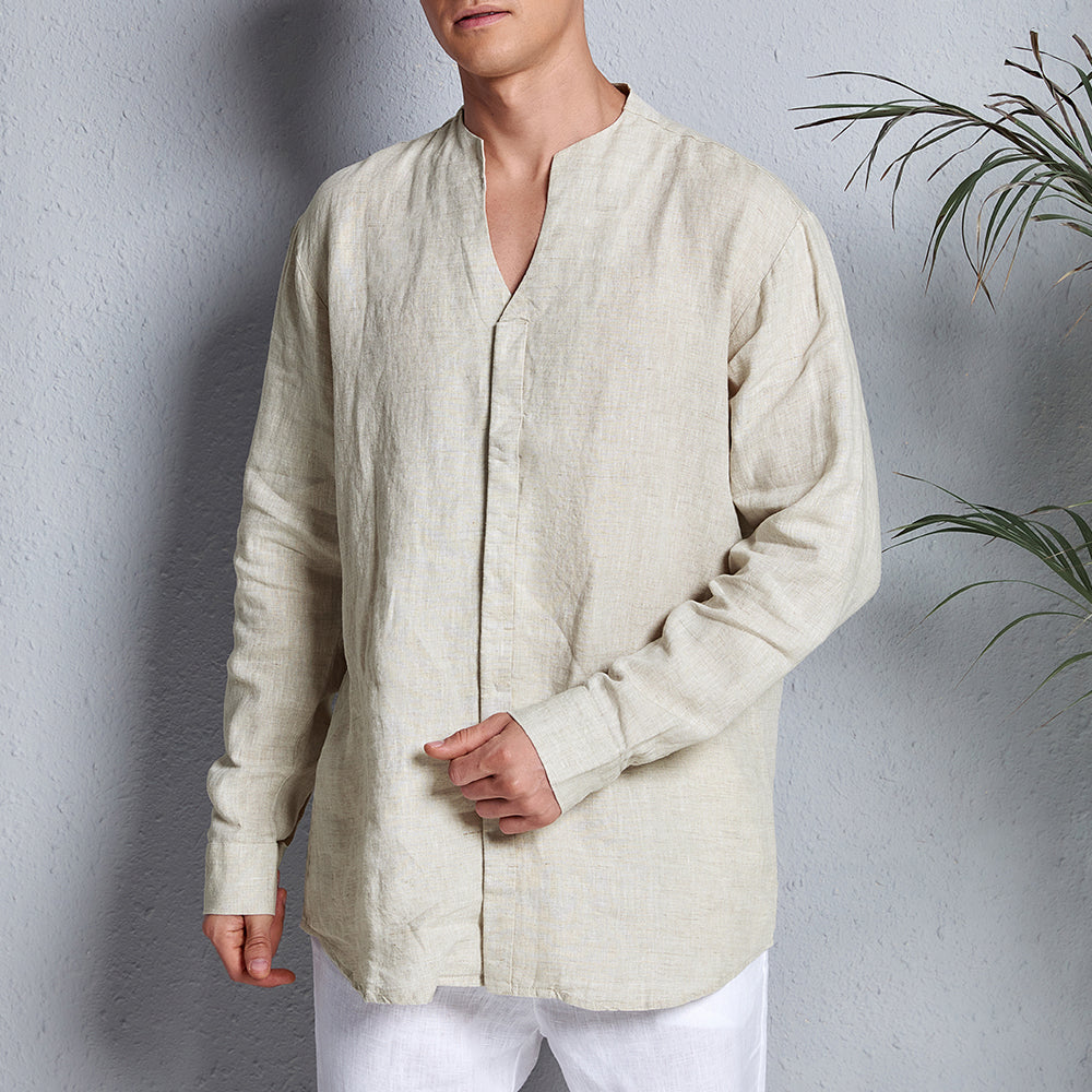 Men's 100% Linen Casual Long Sleeve V-neck Shirt A021