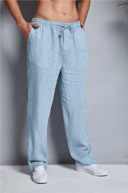 Men's Casual 100% Linen Drawstring Pants With Pockets 060