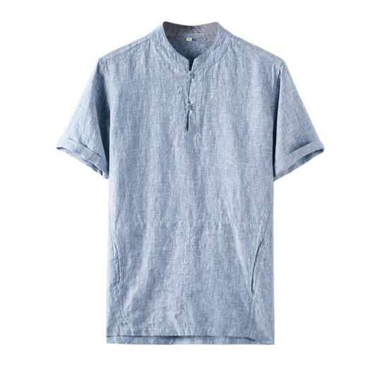 Men's Collarless Short Sleeve Linen Shirts With Pockets D011