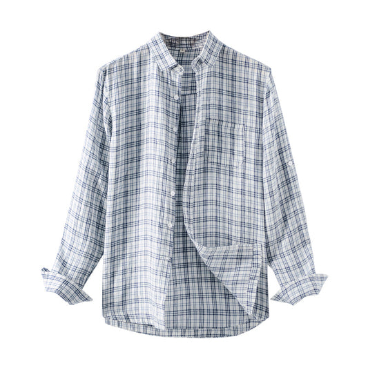 Men's 100% Linen Plaid Design Long Sleeve Shirts D029