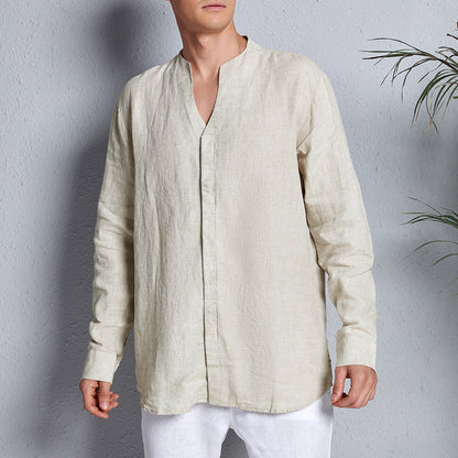 Men's 100% Linen Casual Long Sleeve V-neck Shirt A021