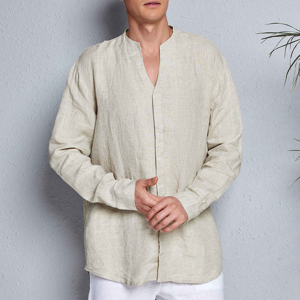 Men's 100% Linen Casual Long Sleeve V-neck Shirt A021