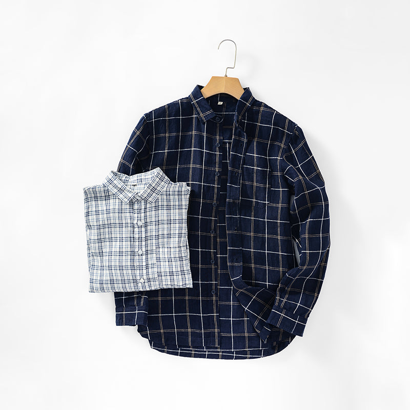 Men's 100% Linen Plaid Design Long Sleeve Shirts D029