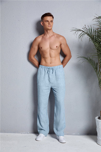 Men's Casual 100% Linen Drawstring Pants With Pockets 060