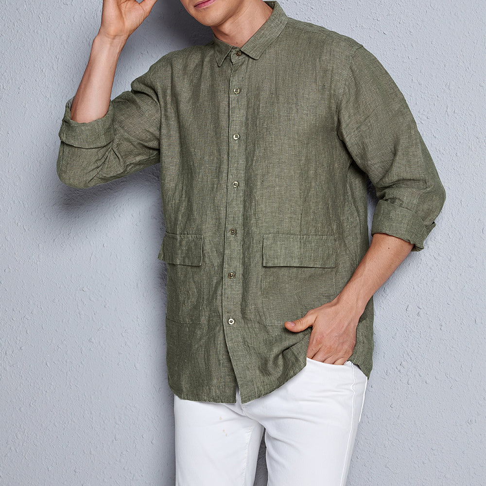 Men's Linen Shirt Long Sleeve Button UP C039