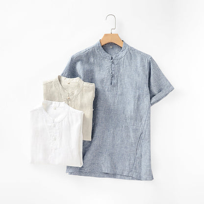 Men's Collarless Short Sleeve Linen Shirts With Pockets D011