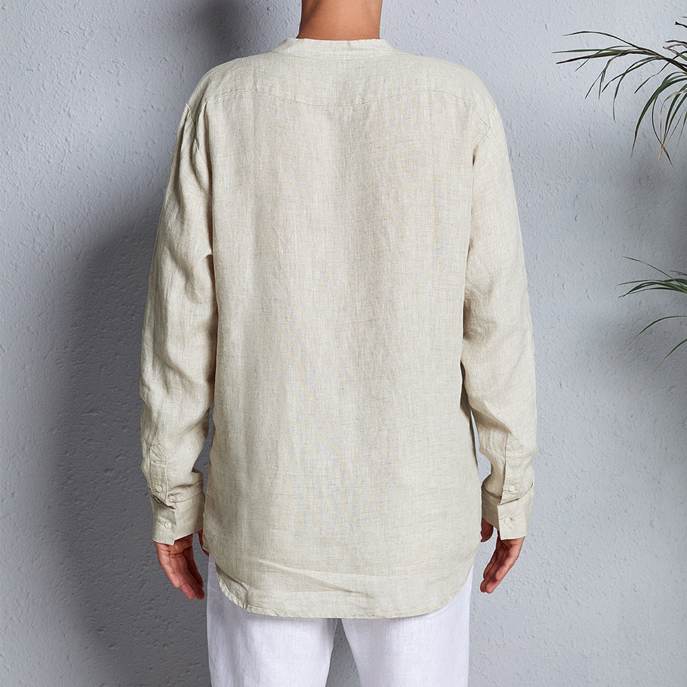 Men's 100% Linen Casual Long Sleeve V-neck Shirt A021