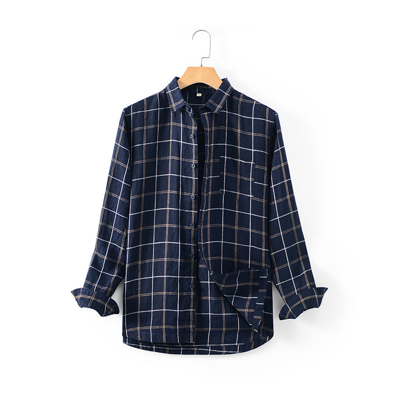 Men's 100% Linen Plaid Design Long Sleeve Shirts D029