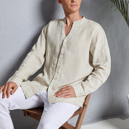 Men's 100% Linen Casual Long Sleeve V-neck Shirt A021