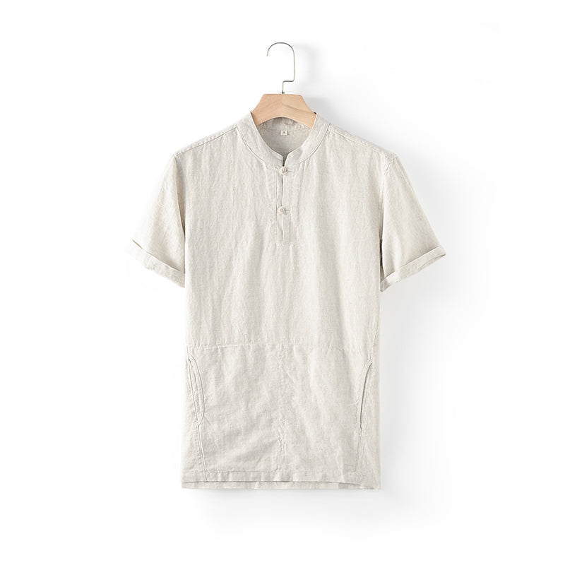 Men's Collarless Short Sleeve Linen Shirts With Pockets D011