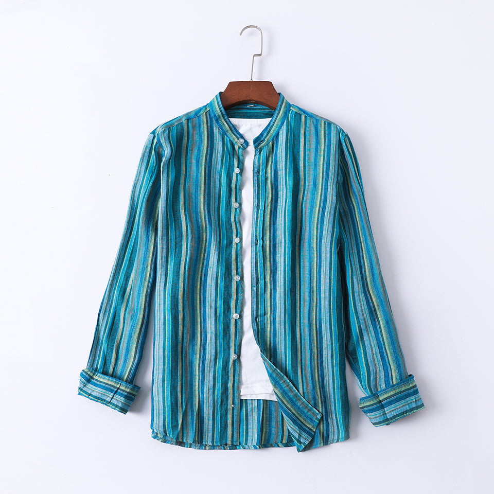 Men's 100% Linen Classic Colorful Striped Collarless Shirt B052